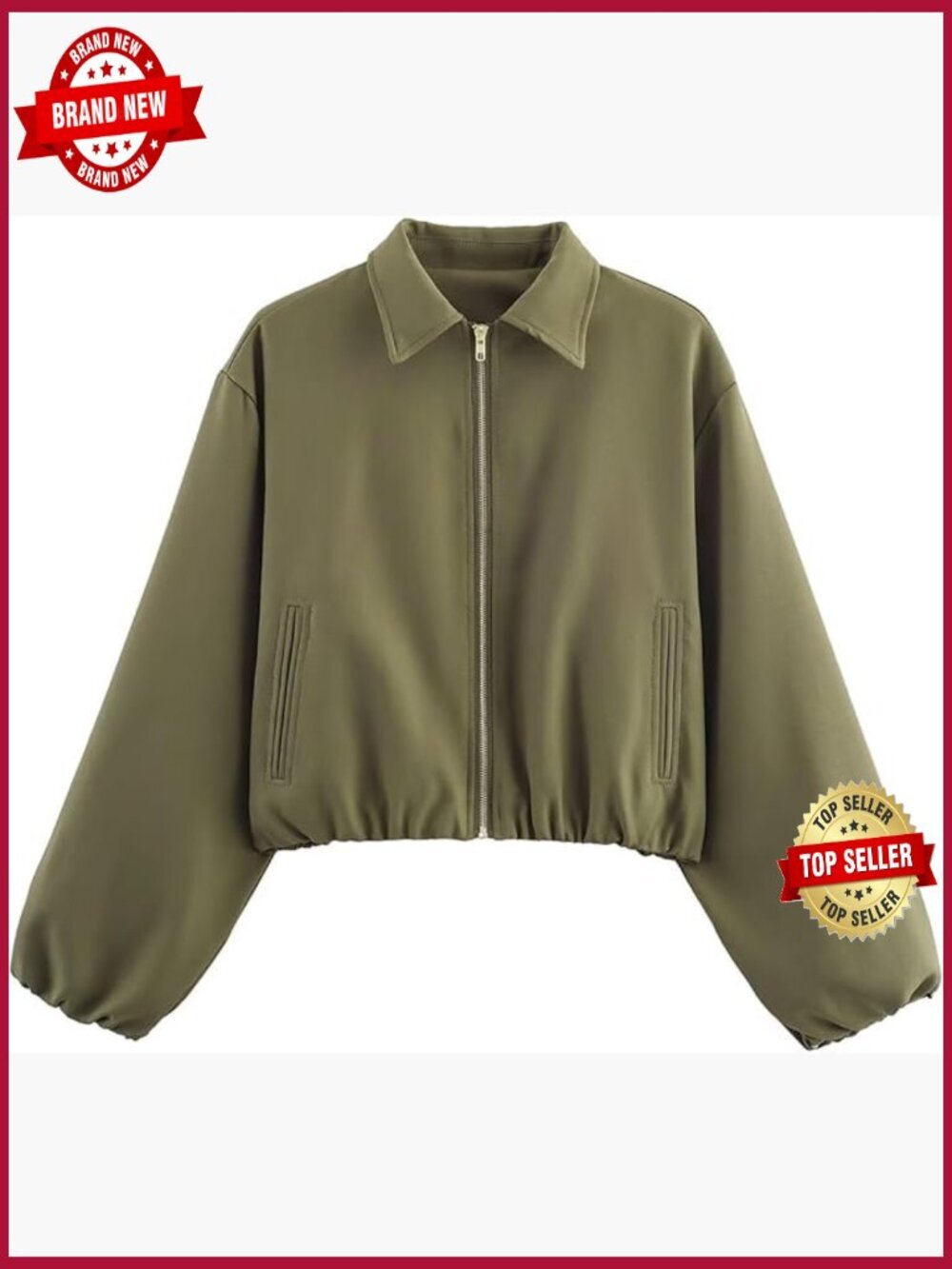 Cropped Bomber Jacket Puffed Sleeves Zip Up Trendy Streetwear with Pockets